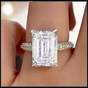 NEW SILVER SQUARE CUT PRINCESS BAGUETTE EMERALD SIMULATED DIAMOND RING